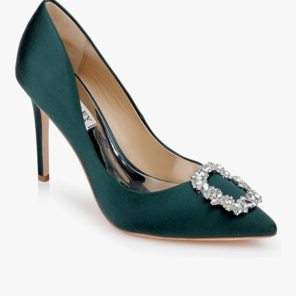 Badgley Mischka Shoes - Badgley Mischka Teal Satin Heels with Crystal Detail